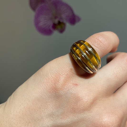 Estate 14KT Yellow Gold Inlayed Tiger's Eye Dome Ring - LSJ