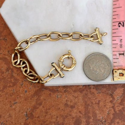 Estate 14KT Yellow Gold Oval Link Toggle Blue Sapphire Ends Bracelet