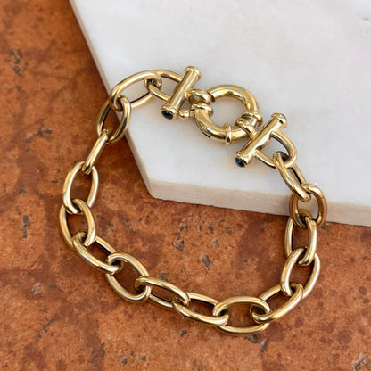 Estate 14KT Yellow Gold Oval Link Toggle Blue Sapphire Ends Bracelet