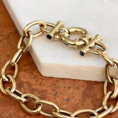 Estate 14KT Yellow Gold Oval Link Toggle Blue Sapphire Ends Bracelet
