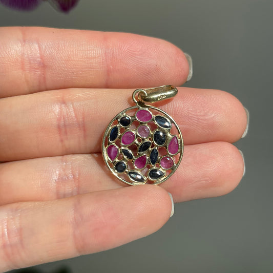 Estate 14KT Yellow Gold Blue Sapphire + Pink Ruby Round Drop Pendant