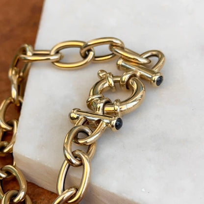 Estate 14KT Yellow Gold Oval Link Toggle Blue Sapphire Ends Bracelet