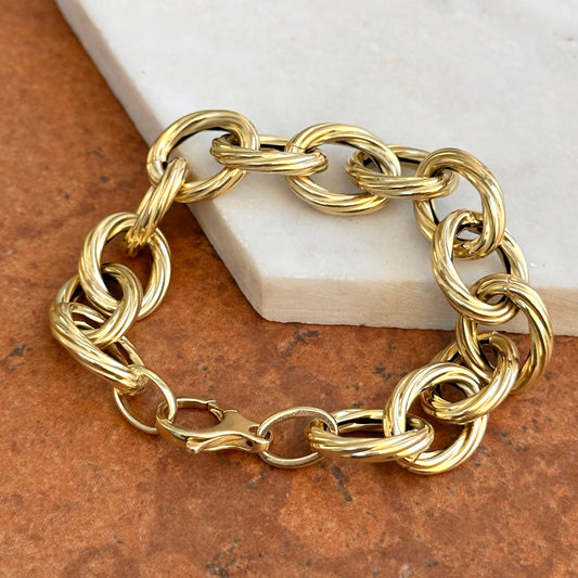 14KT Yellow Gold Oval Link Textured Ribbed Twist Chain Bracelet