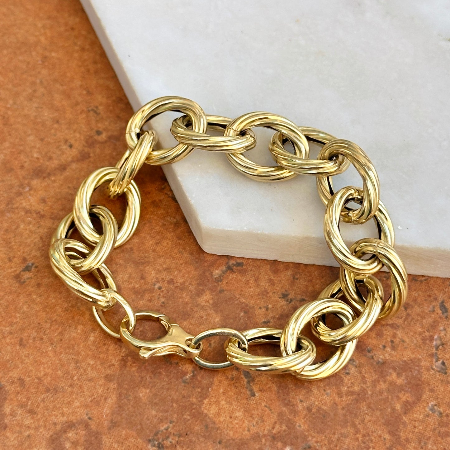 14KT Yellow Gold Oval Link Textured Ribbed Twist Chain Bracelet