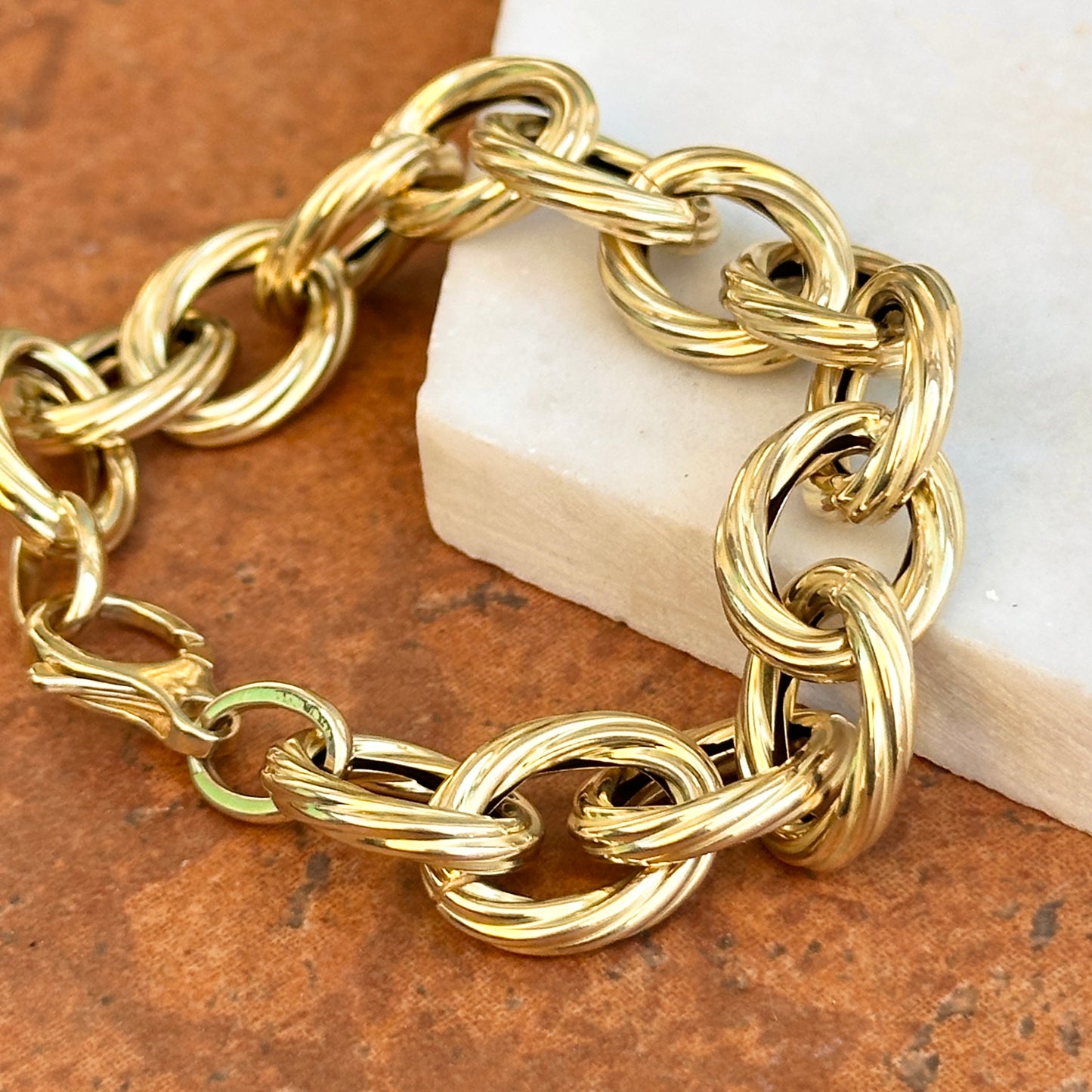 14KT Yellow Gold Oval Link Textured Ribbed Twist Chain Bracelet
