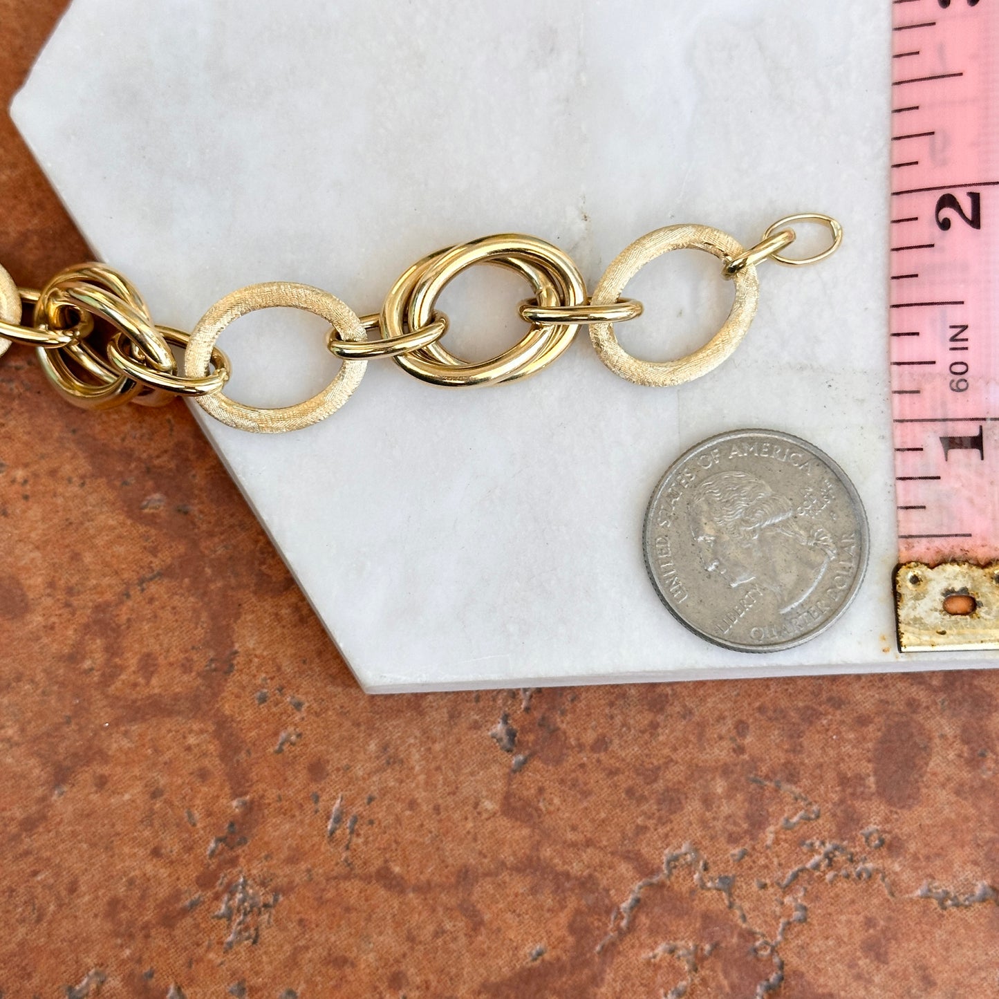 Estate 14KT Yellow Gold Matte Textured + Shiny Double Oval Link Bracelet