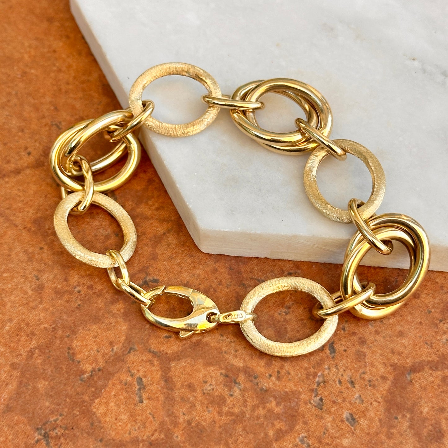 Estate 14KT Yellow Gold Matte Textured + Shiny Double Oval Link Bracelet
