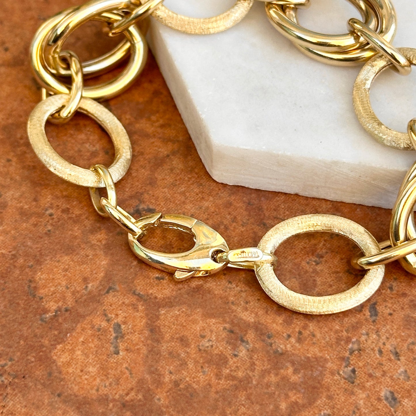 Estate 14KT Yellow Gold Matte Textured + Shiny Double Oval Link Bracelet