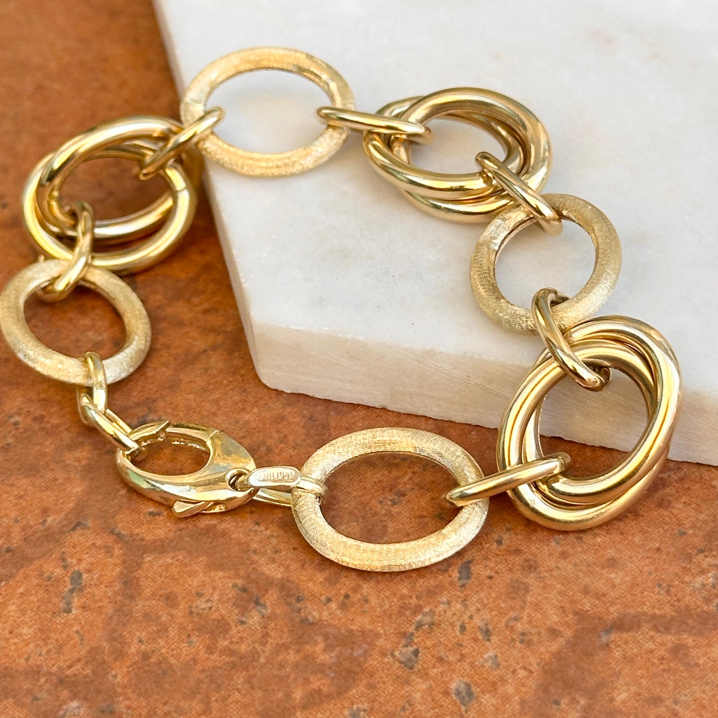 Estate 14KT Yellow Gold Matte Textured + Shiny Double Oval Link Bracelet