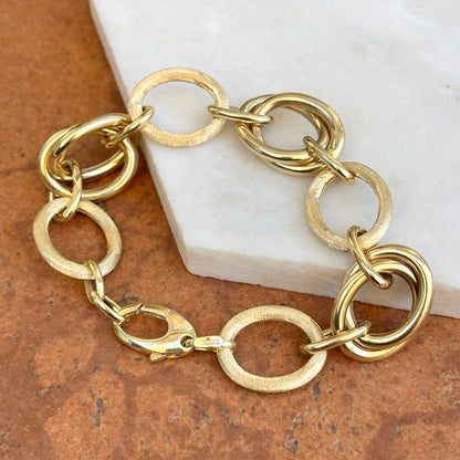 Estate 14KT Yellow Gold Matte Textured + Shiny Double Oval Link Bracelet