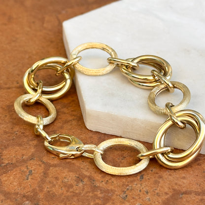 Estate 14KT Yellow Gold Matte Textured + Shiny Double Oval Link Bracelet