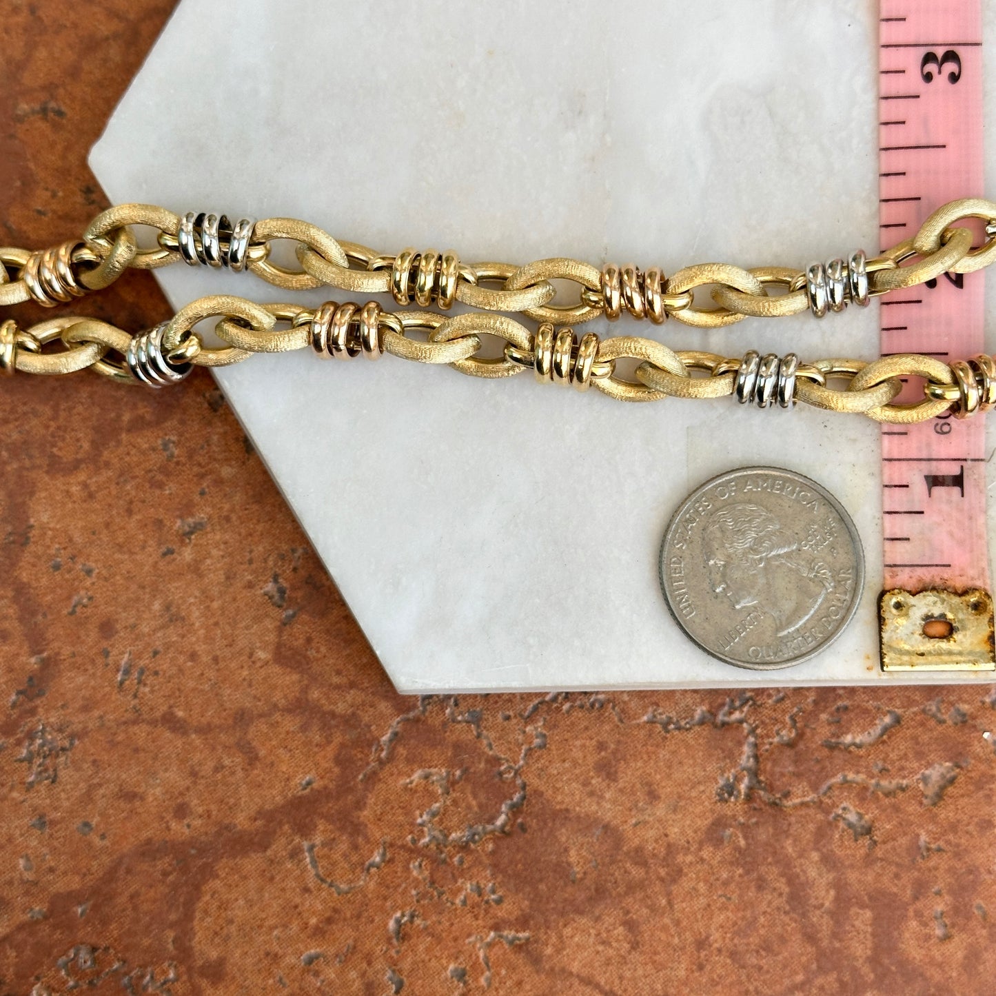 Estate 14KT Yellow Gold Matte Oval Links + Tri-Gold Chain Necklace