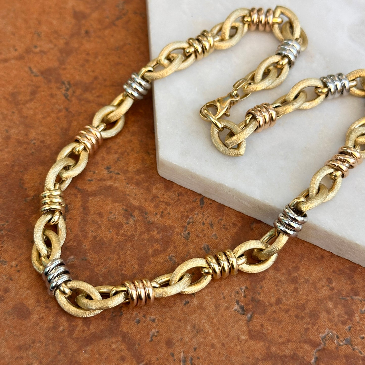 Estate 14KT Yellow Gold Matte Oval Links + Tri-Gold Chain Necklace