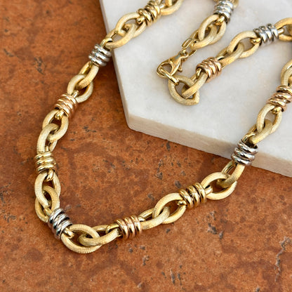 Estate 14KT Yellow Gold Matte Oval Links + Tri-Gold Chain Necklace
