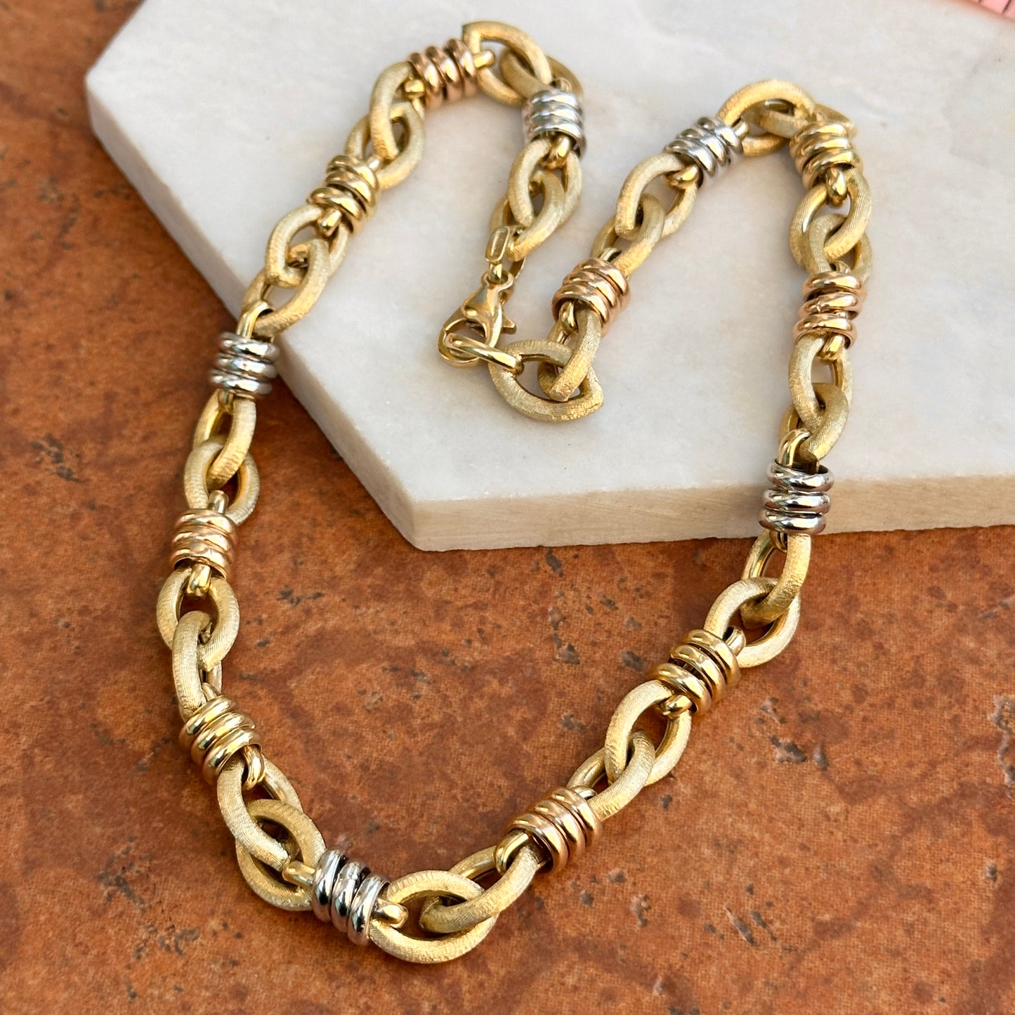 Estate 14KT Yellow Gold Matte Oval Links + Tri-Gold Chain Necklace