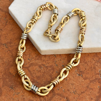 Estate 14KT Yellow Gold Matte Oval Links + Tri-Gold Chain Necklace