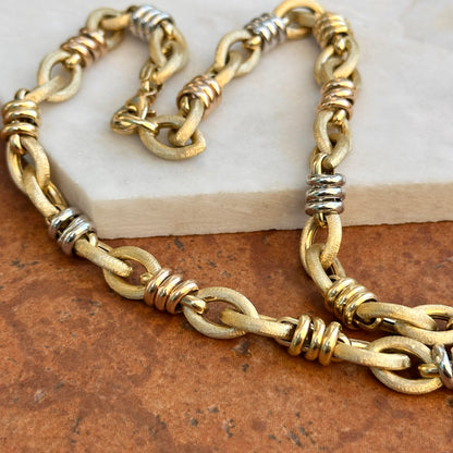 Estate 14KT Yellow Gold Matte Oval Links + Tri-Gold Chain Necklace