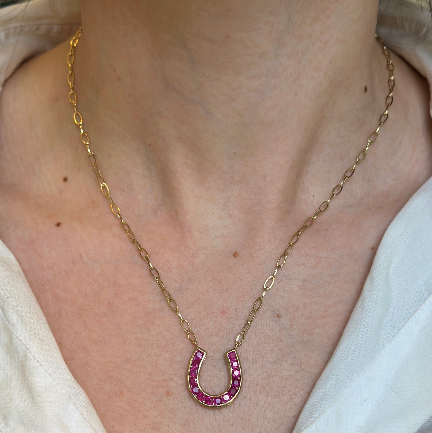 14KT Yellow Gold Ruby Horseshoe Chain Necklace 18" - LSJ