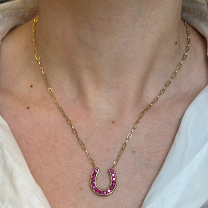 14KT Yellow Gold Ruby Horseshoe Chain Necklace 18" - LSJ