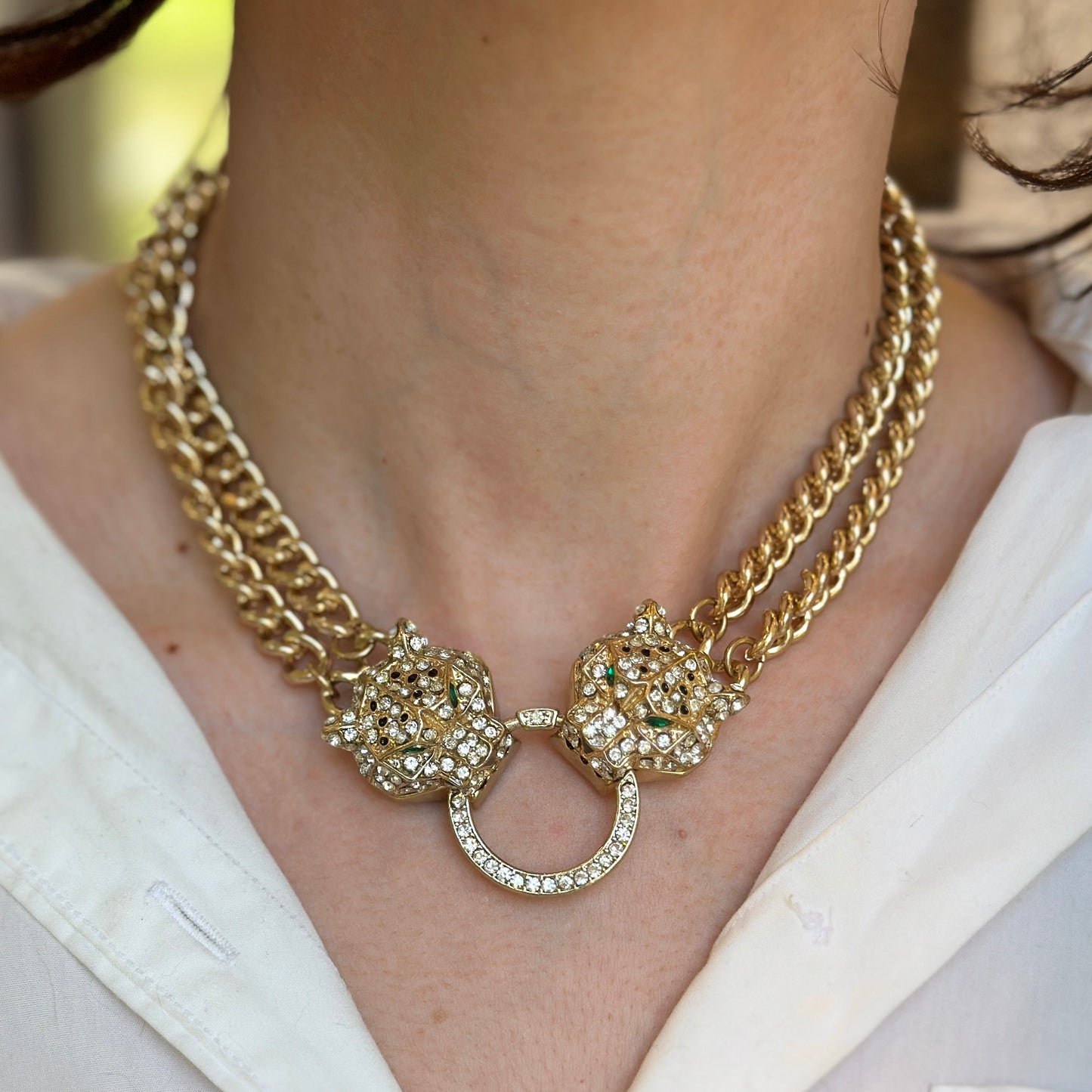 Estate Gold-Plated Brass CZ Double Panther Statement Necklace - LSJ