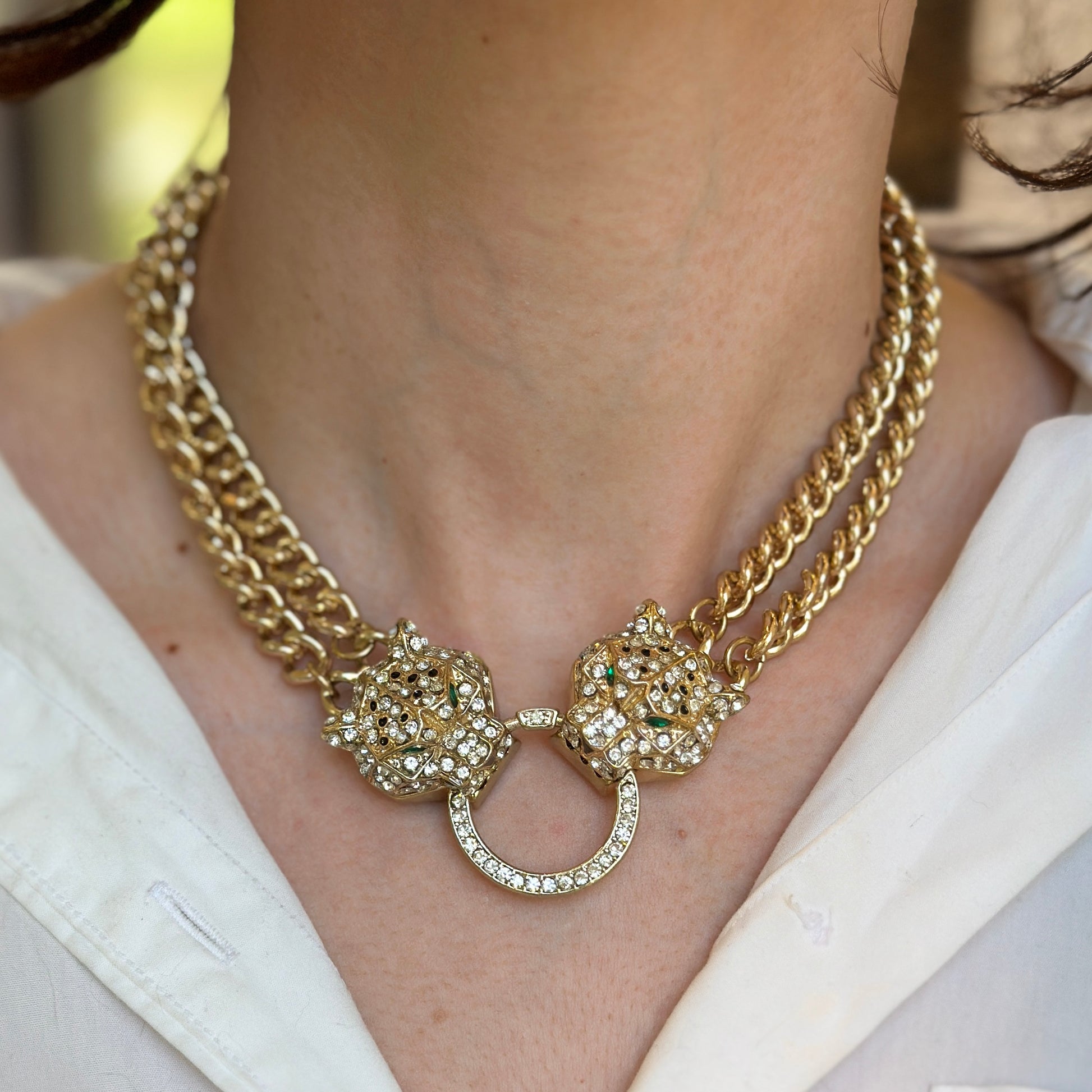 Estate Gold-Plated Brass CZ Double Panther Statement Necklace - LSJ