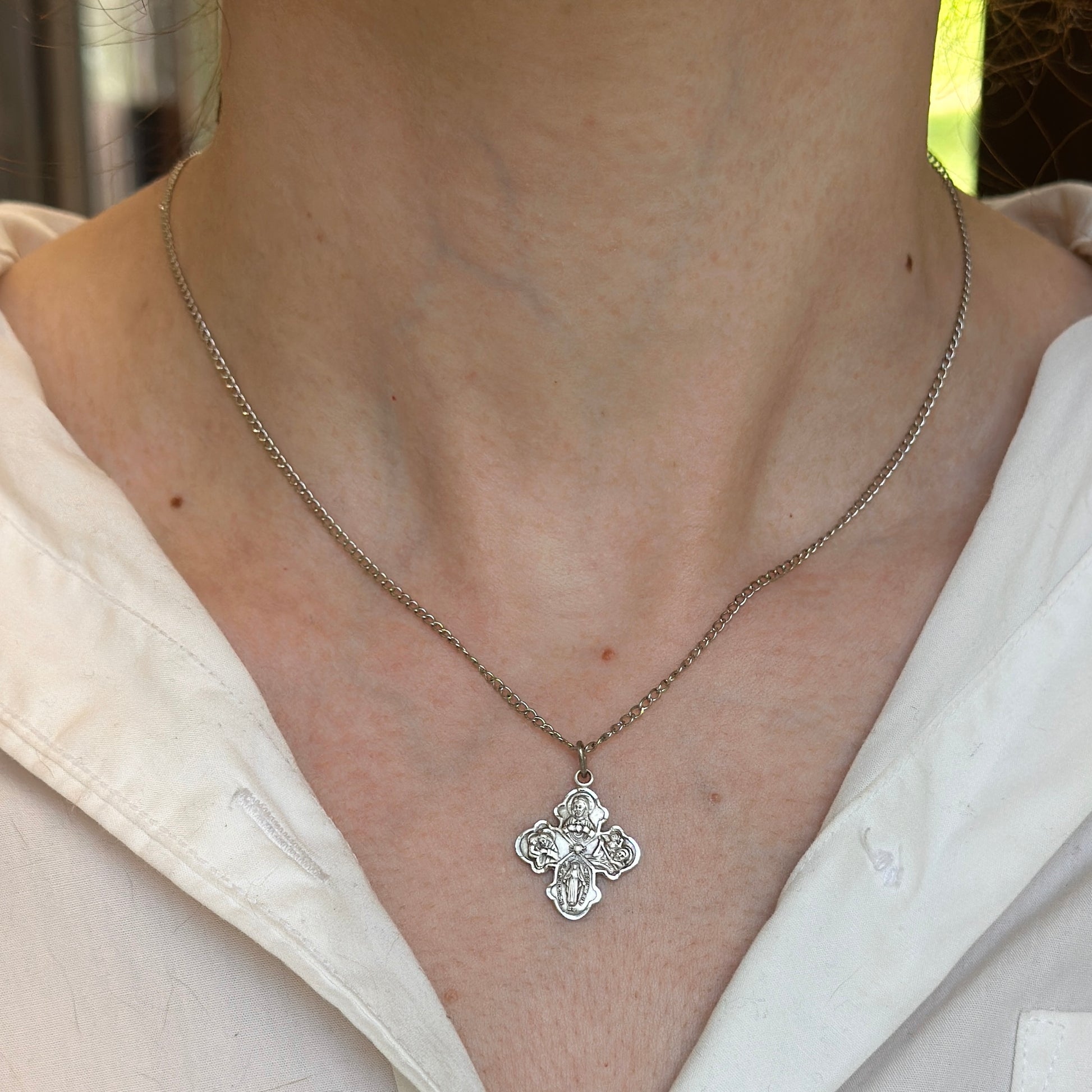 Sterling Silver Antiqued Four Way Cross Medal Necklace - LSJ
