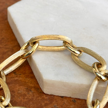 Estate 14KT Yellow Gold Matte Oval + Shiny Large Links Chain Bracelet