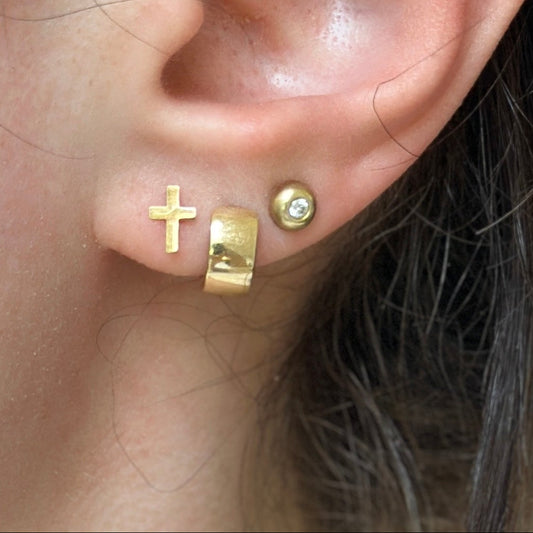 14KT Yellow Gold Mini Flat Cross Stud Earrings - LSJ