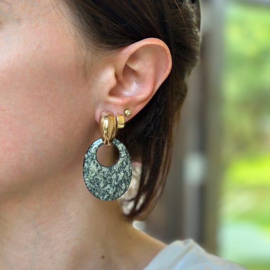 Estate Oval Snowflake Agate Disc Earring Charms - LSJ