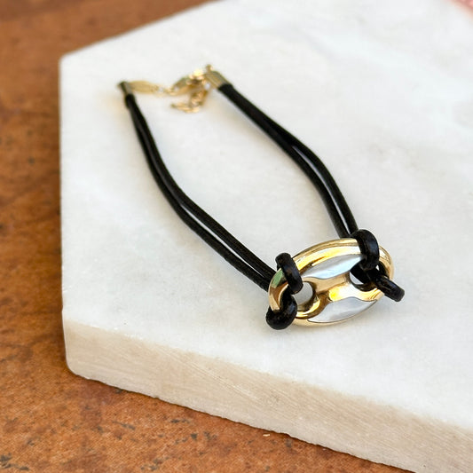 14KT Yellow Gold Puffed Mariner Mother of Pearl Link Black Leather Bracelet 6.5"
