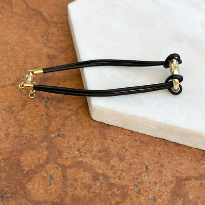 14KT Yellow Gold Puffed Mariner Mother of Pearl Link Black Leather Bracelet 6.5"