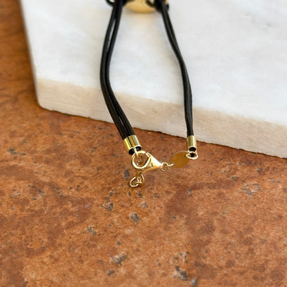 14KT Yellow Gold Puffed Mariner Mother of Pearl Link Black Leather Bracelet 6.5"