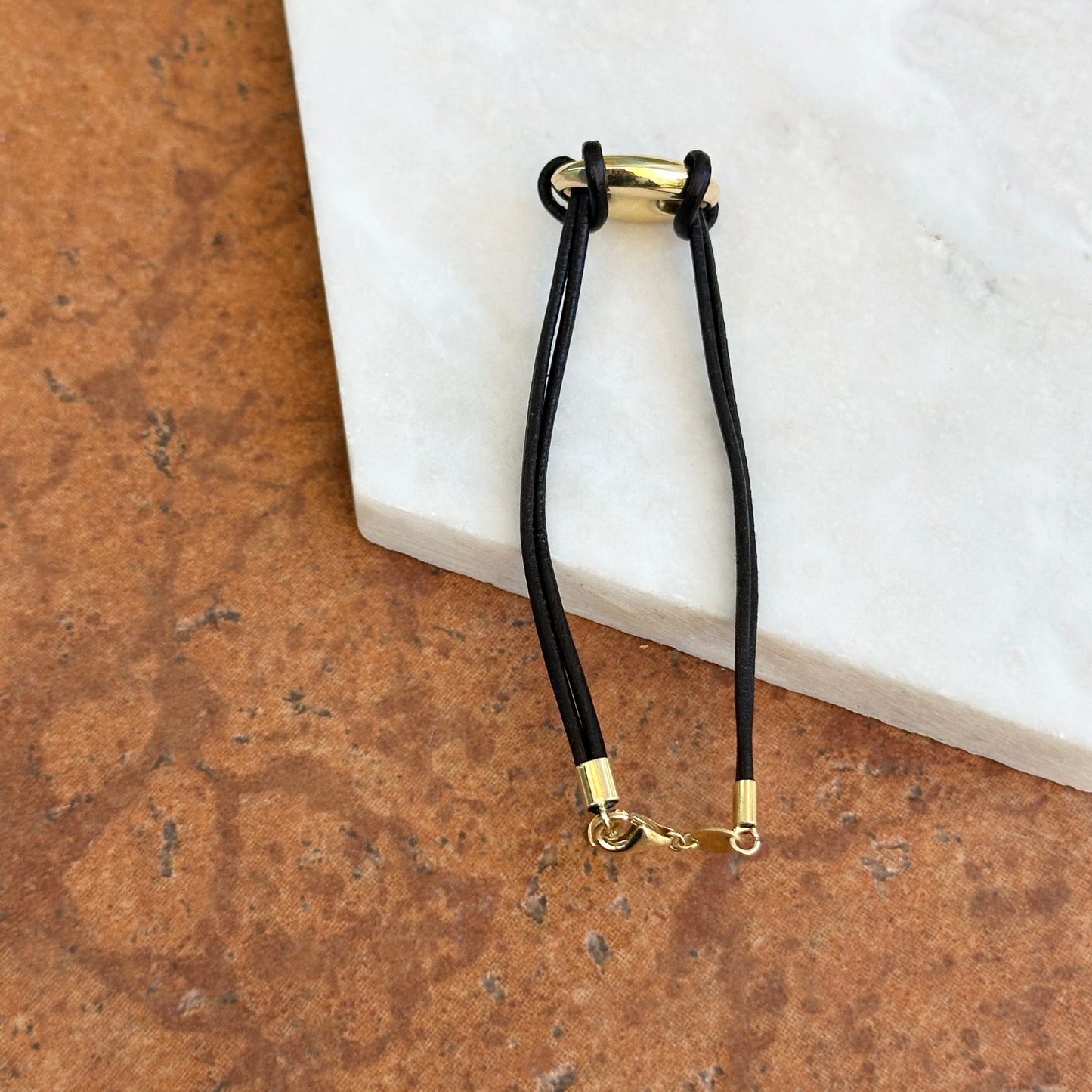 14KT Yellow Gold Puffed Mariner Mother of Pearl Link Black Leather Bracelet 6.5"