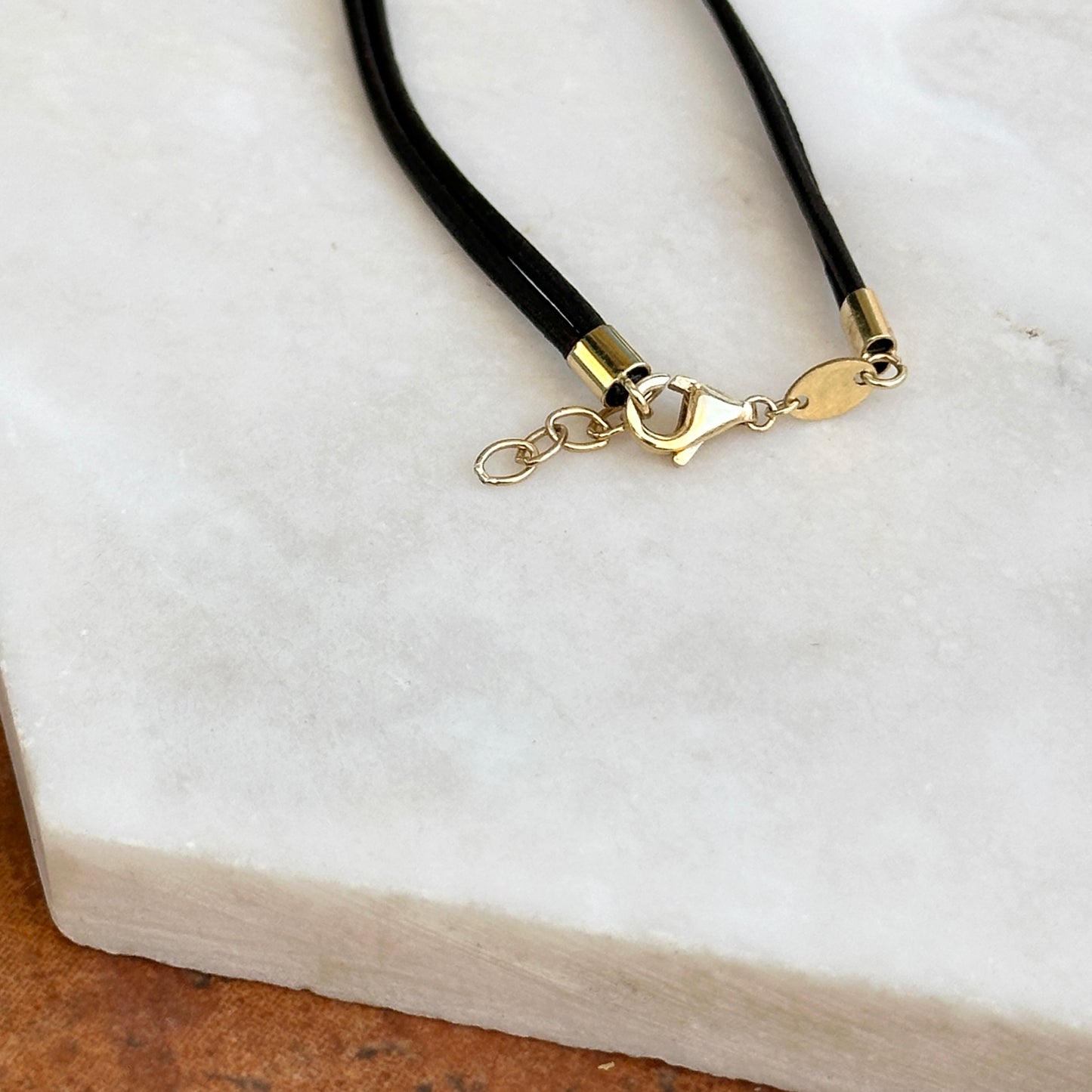 14KT Yellow Gold Puffed Mariner Mother of Pearl Link Black Leather Bracelet 6.5"