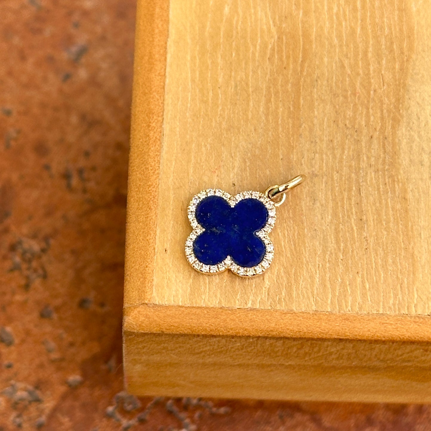 14KT Yellow Gold 4-Leaf Clover Blue Lapis + Pave Diamonds Pendant Charm 12mm