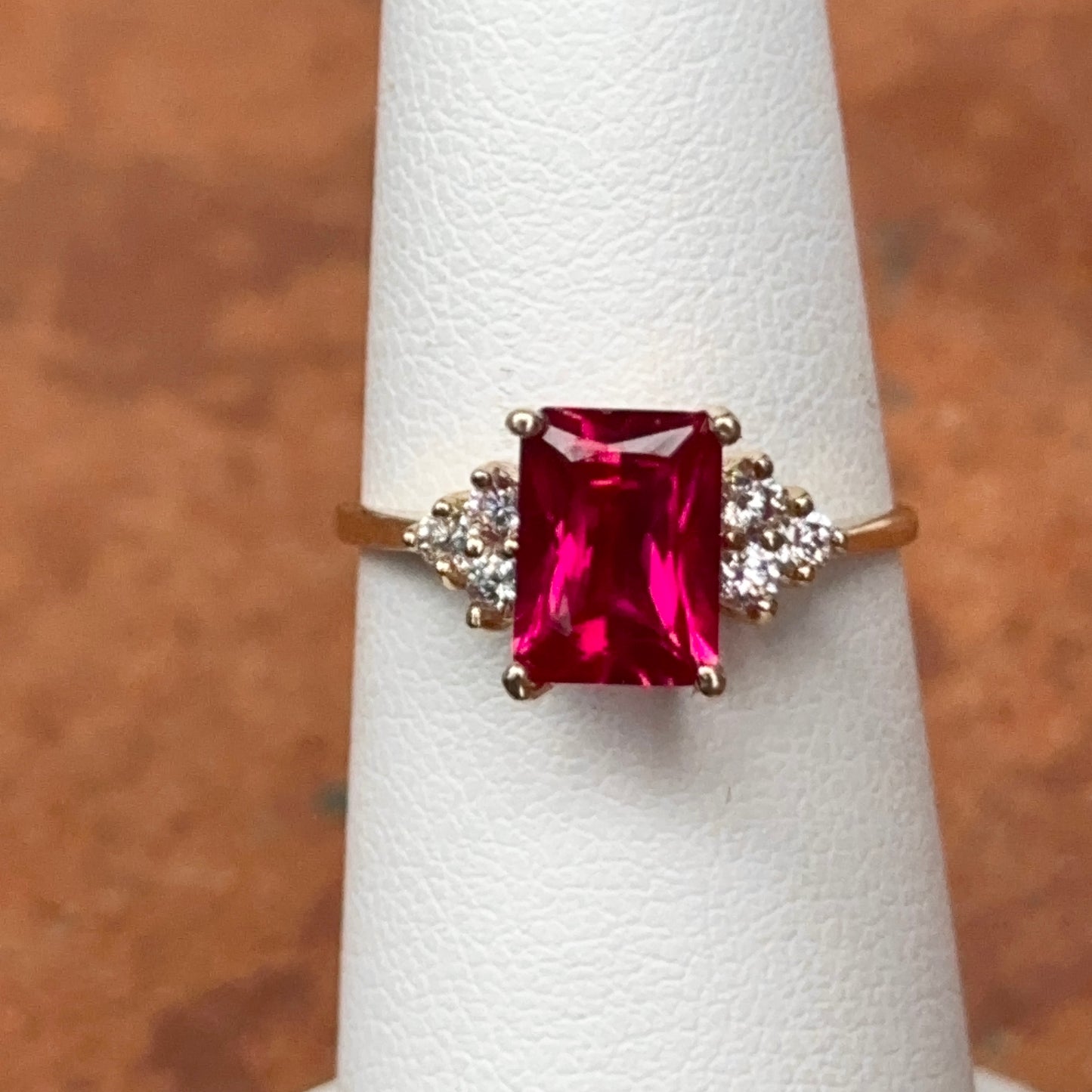 Estate 14KT Yellow Gold Emerald-Cut Lab Ruby + 6 Diamond Ring Size 5.75