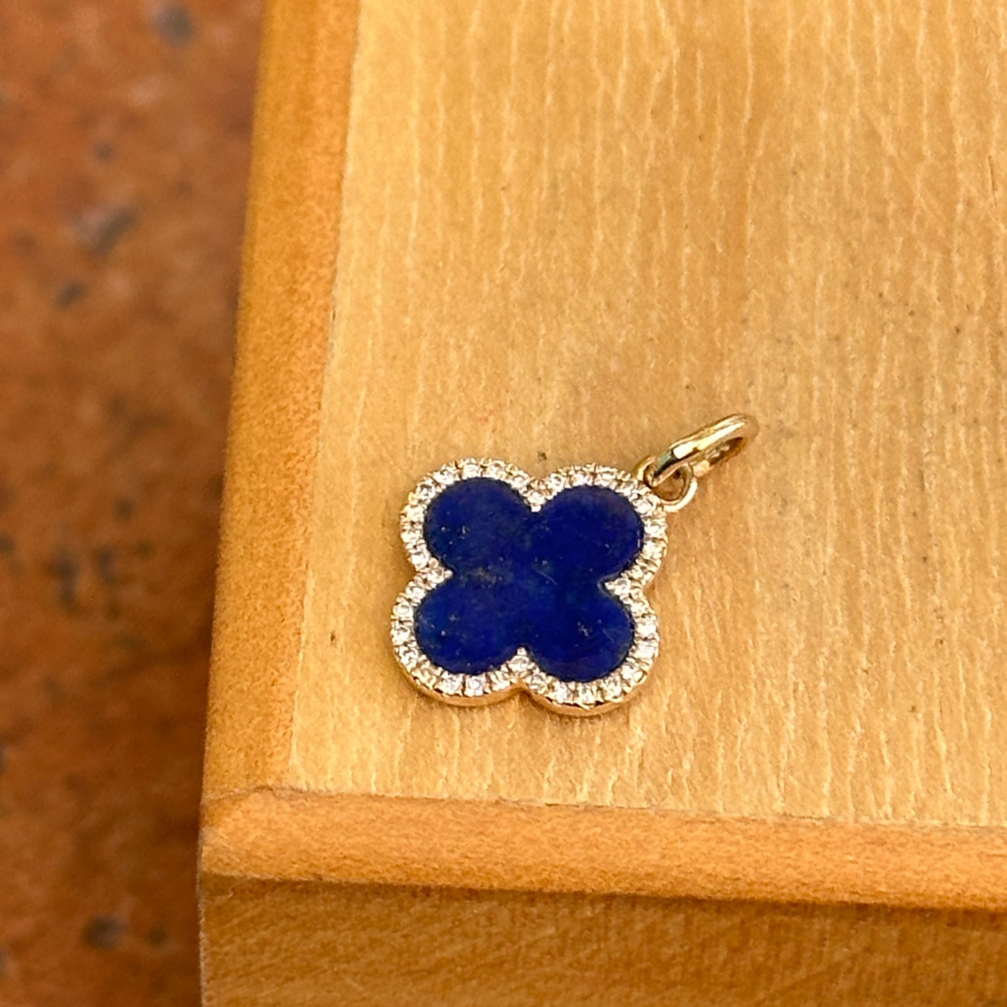 14KT Yellow Gold 4-Leaf Clover Blue Lapis + Pave Diamonds Pendant Charm 12mm