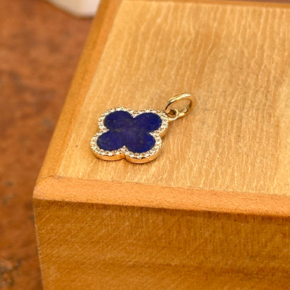14KT Yellow Gold 4-Leaf Clover Blue Lapis + Pave Diamonds Pendant Charm 12mm
