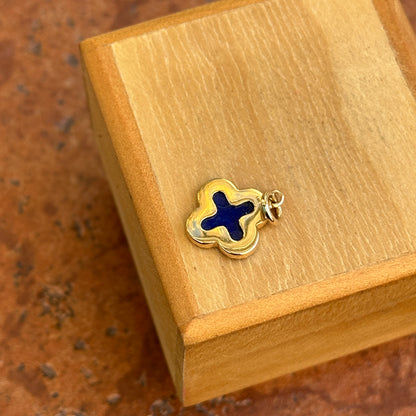 14KT Yellow Gold 4-Leaf Clover Blue Lapis + Pave Diamonds Pendant Charm 12mm