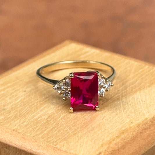 Estate 14KT Yellow Gold Emerald-Cut Lab Ruby + 6 Diamond Ring Size 5.75