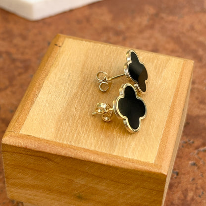 14KT Yellow Gold Black Onyx 4 Leaf Clover Post Stud Earrings 14mm