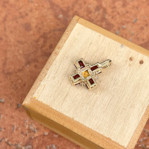 Estate 14KT Yellow Gold Garnet, Citrine + Diamond Maltese Cross Pendant