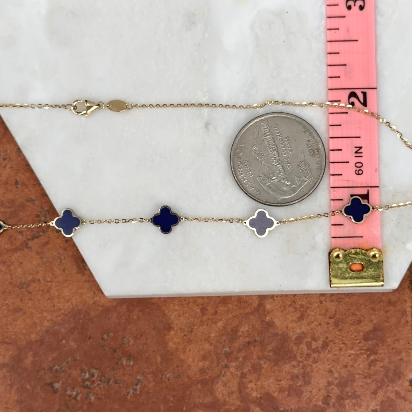 14KT Yellow Gold 7mm Blue Lapis Clover Station Cable Chain Necklace