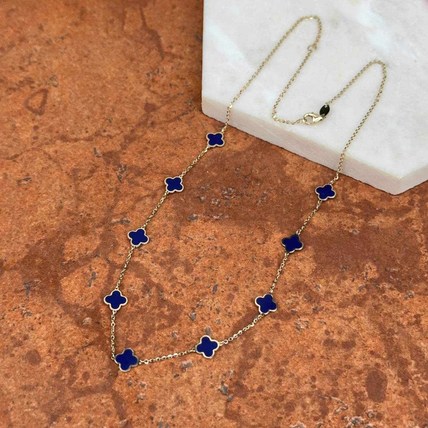 14KT Yellow Gold 7mm Blue Lapis Clover Station Cable Chain Necklace