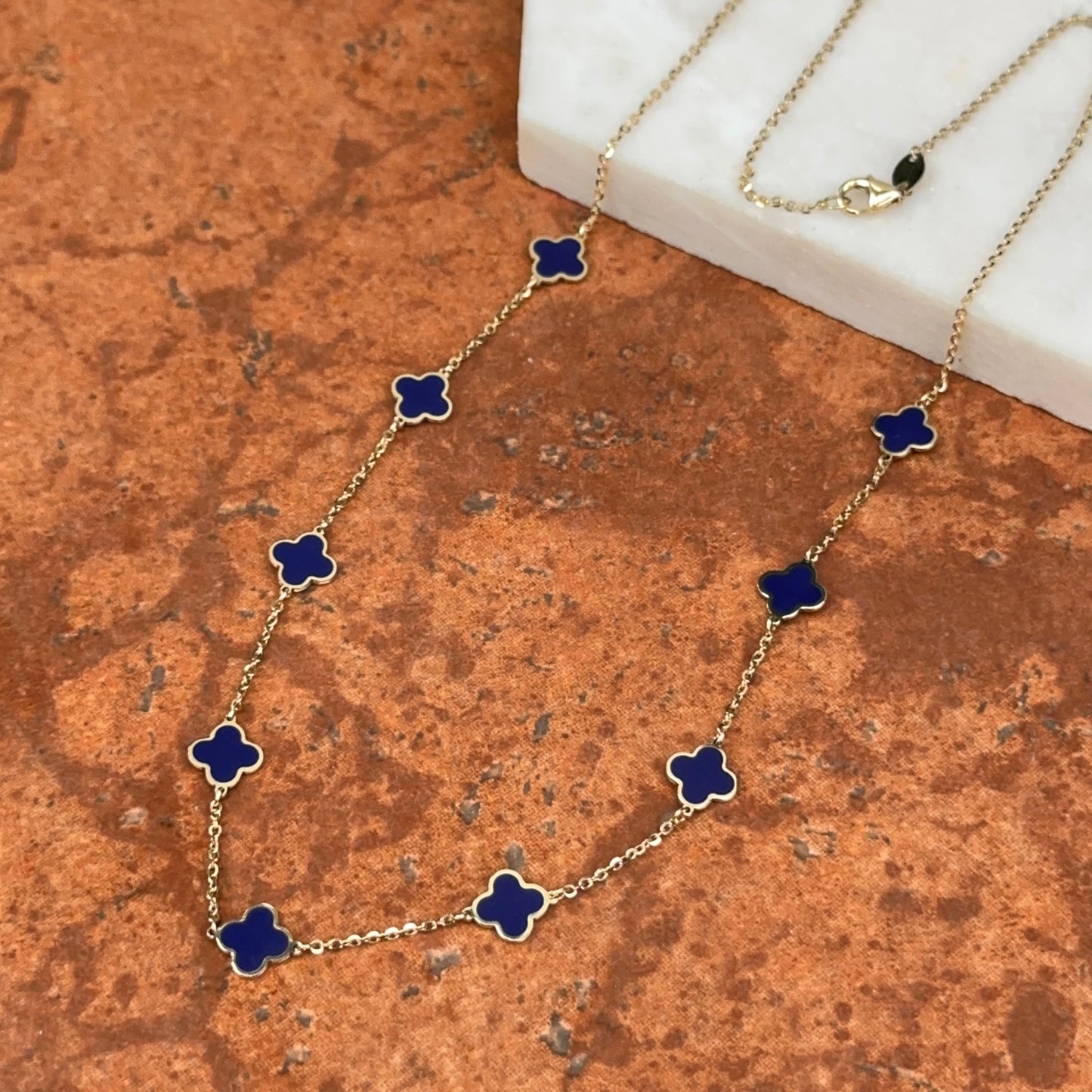 14KT Yellow Gold 7mm Blue Lapis Clover Station Cable Chain Necklace