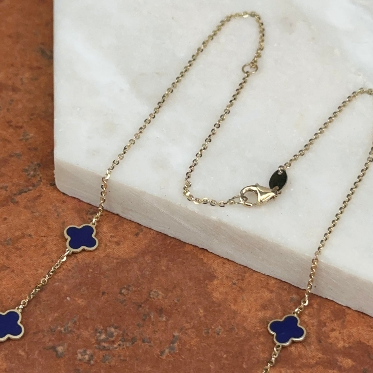 14KT Yellow Gold 7mm Blue Lapis Clover Station Cable Chain Necklace