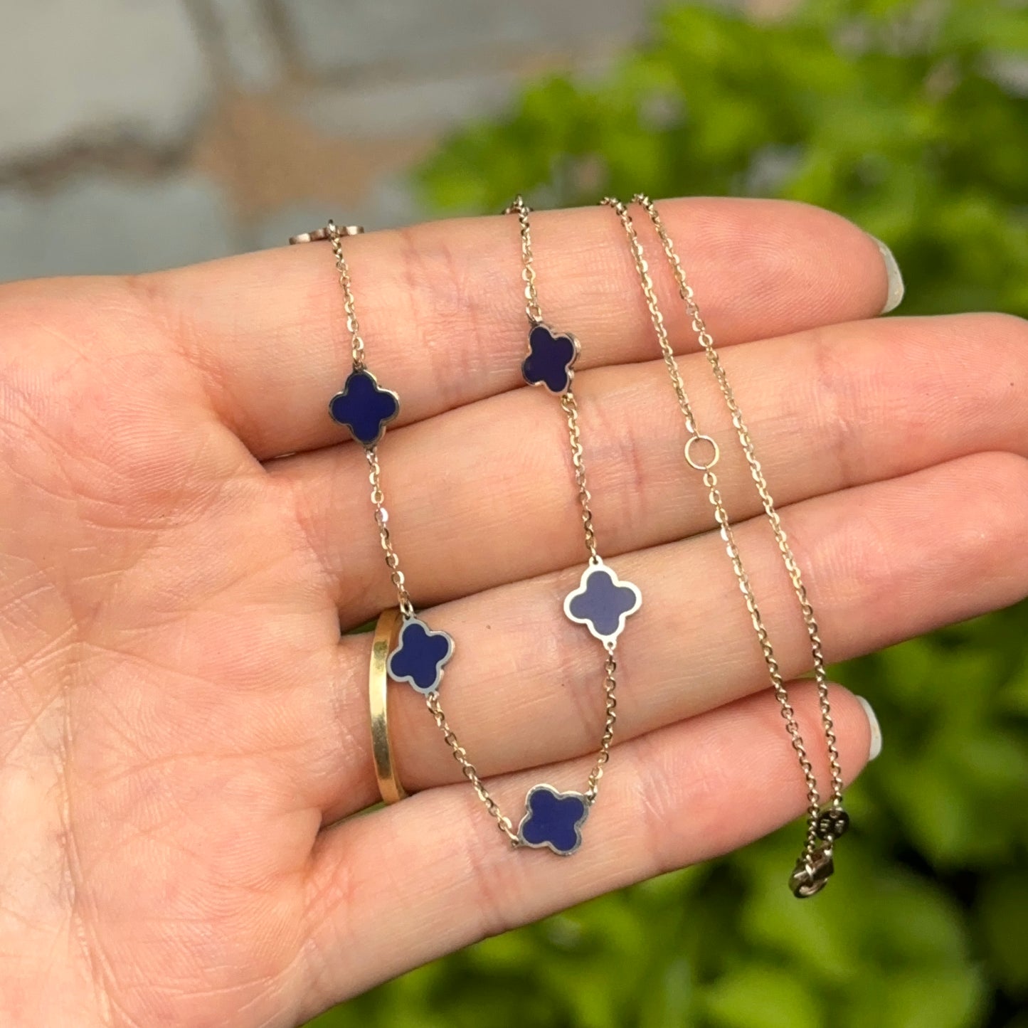 14KT Yellow Gold 7mm Blue Lapis Clover Station Cable Chain Necklace