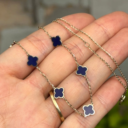 14KT Yellow Gold 7mm Blue Lapis Clover Station Cable Chain Necklace