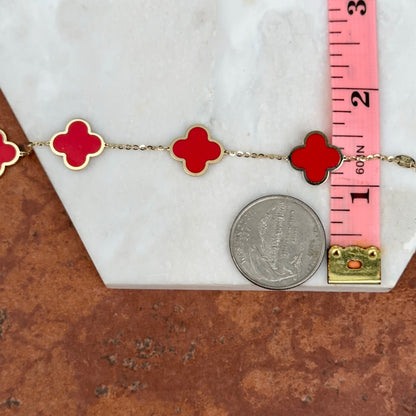 14KT Yellow Gold 14mm Red Enamel Clover Station Chain Bracelet