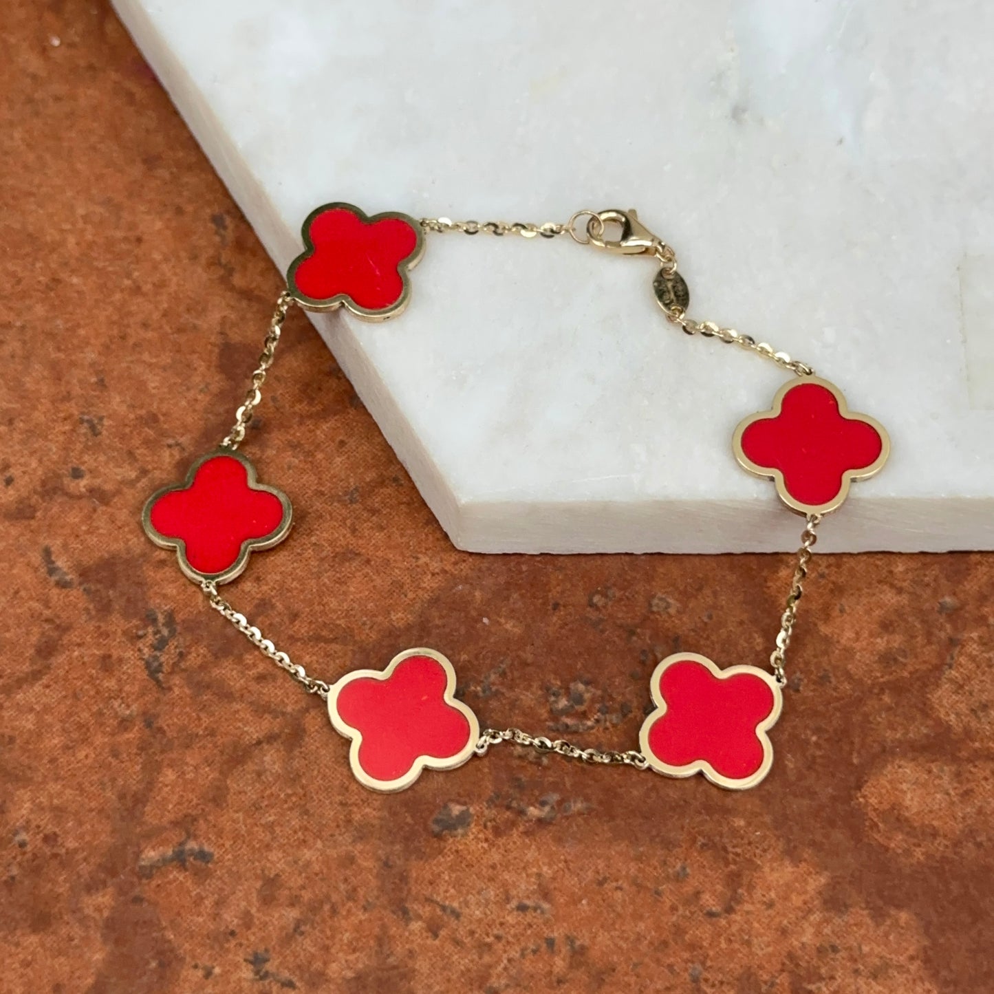 14KT Yellow Gold 14mm Red Enamel Clover Station Chain Bracelet